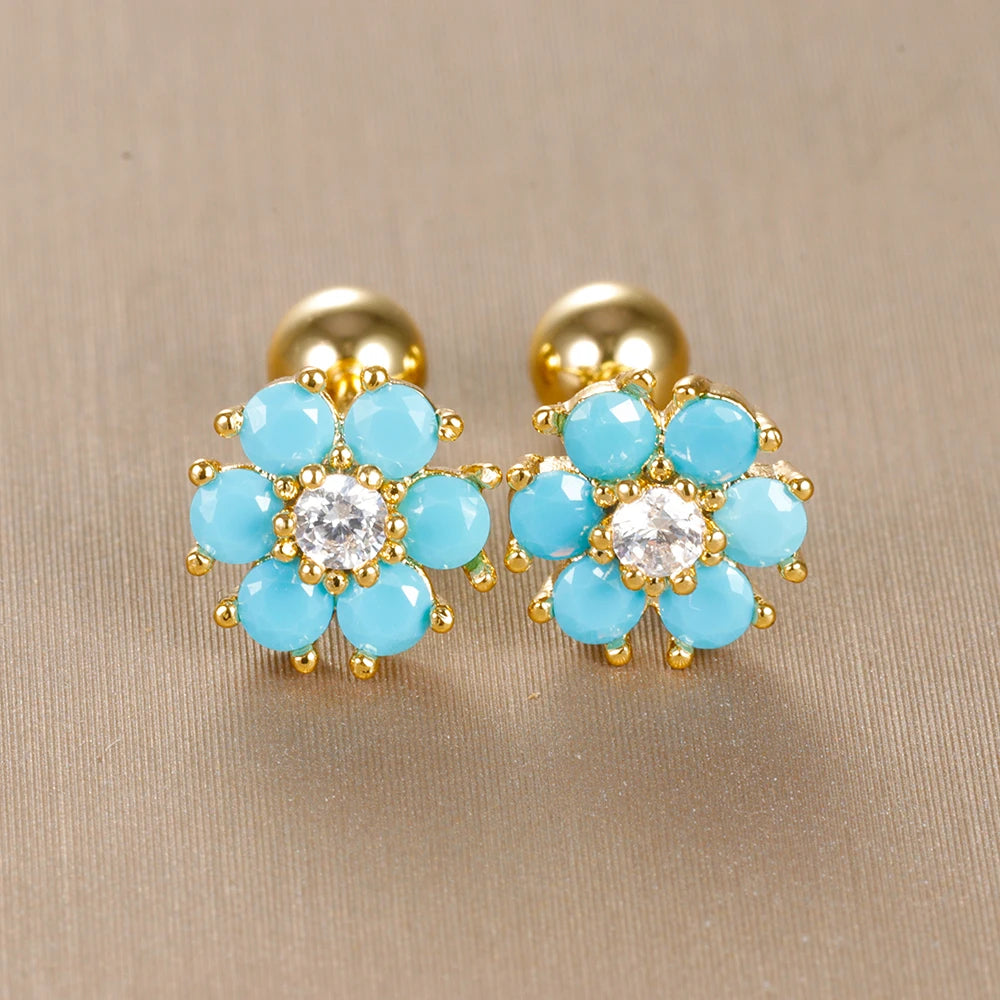 Petites boucles d'oreilles fleurs dorées pour fille avec cristaux bleu turquoise et tige en acier doré