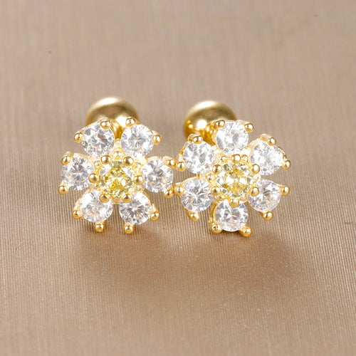 Boucles d'oreilles fleurs couleur or avec cristaux blancs transparents pour une élégance classique