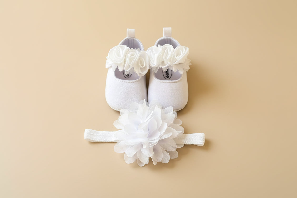 Chaussons cérémonie bébé fille blanc cassé et bandeau fleuri