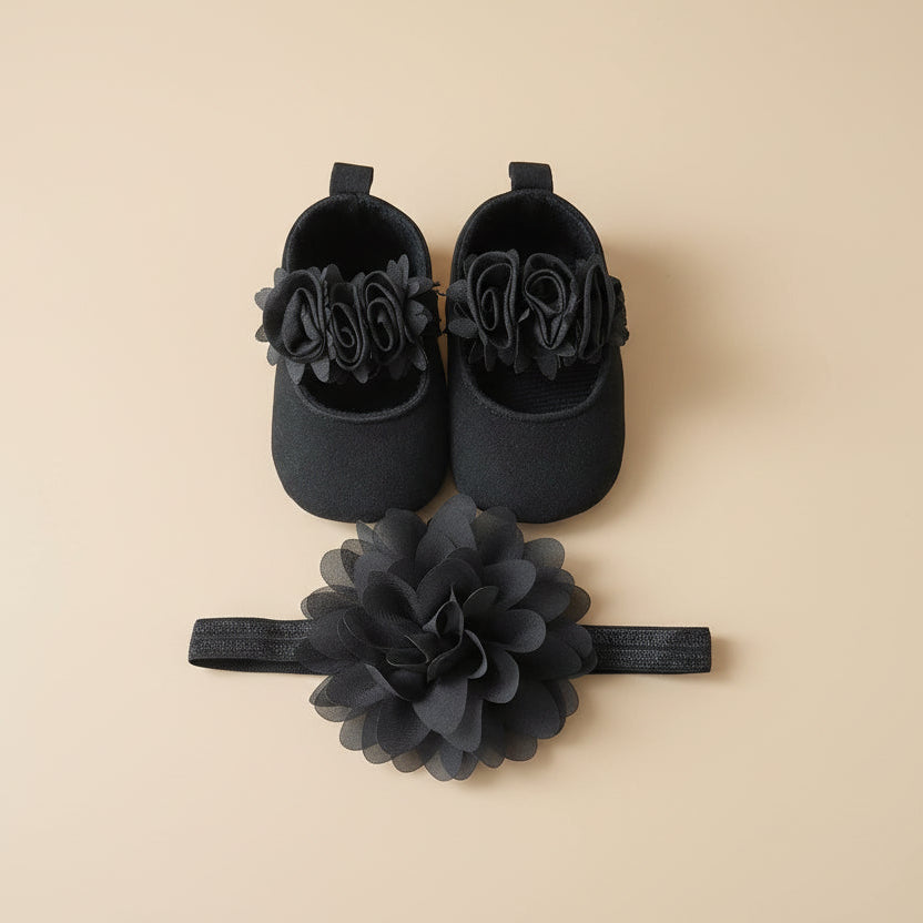 Chaussons bébé fille noir avec bandeau fleuri pour mariage ou cérémonie