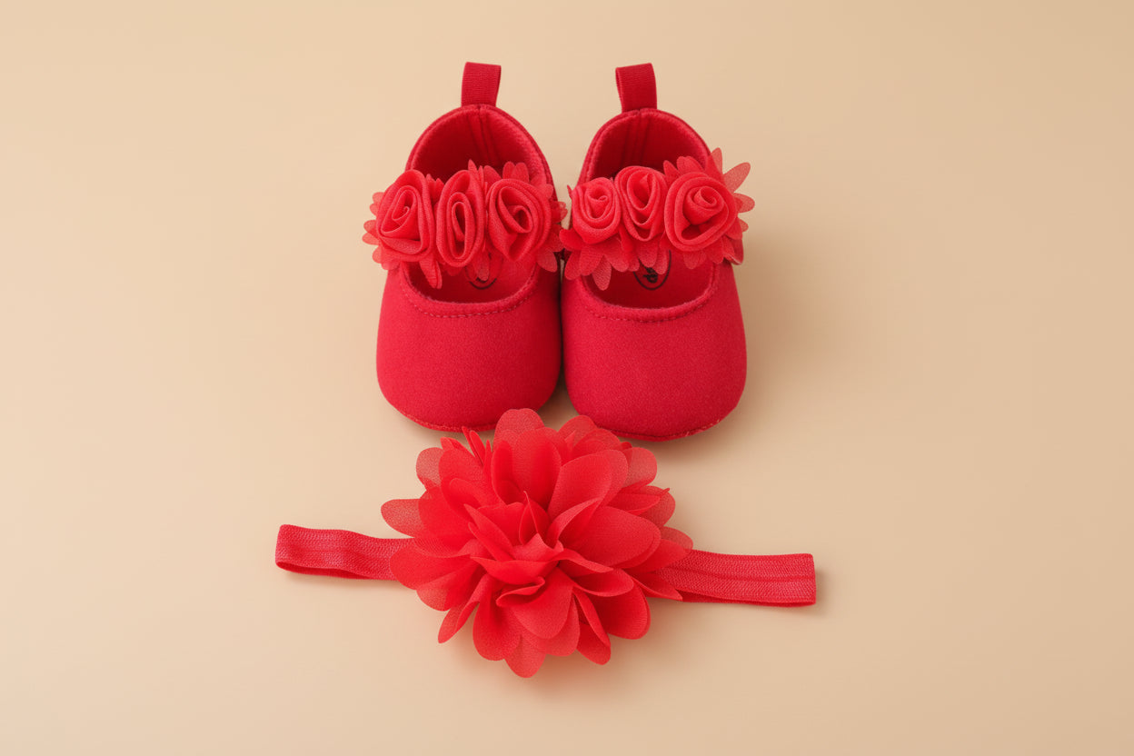 Chaussons rouges éclatants avec fleurs pour bébé, idéal pour Noël ou une cérémonie