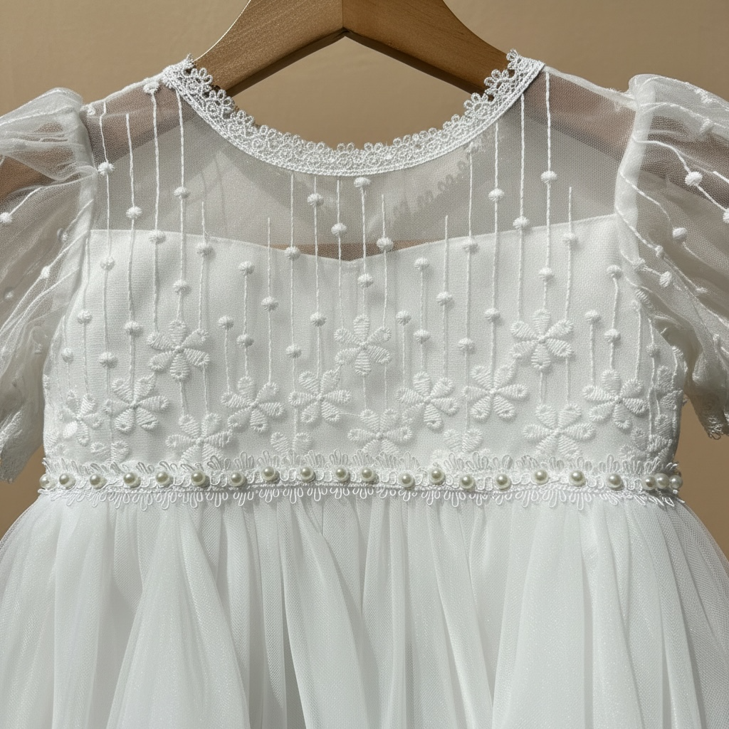 Zoom sur les perles nacrées et la dentelle travaillée du bustier d'une robe de baptême