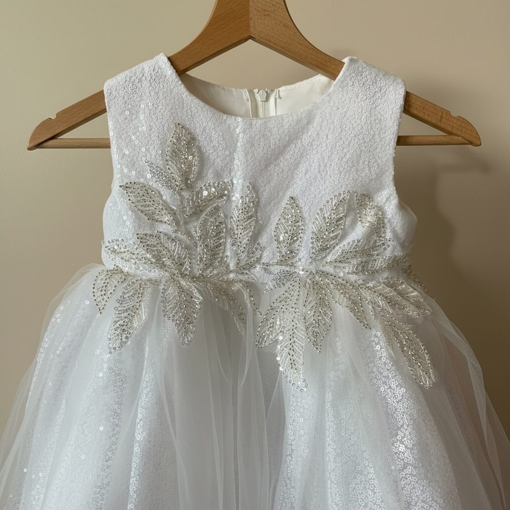 Détail des paillettes et motifs de sequins sur le bustier d'une robe de baptême