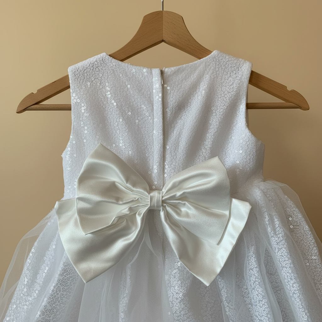 Vue de dos d'une robe de baptême ivoire avec nœud décoratif et fermeture éclair