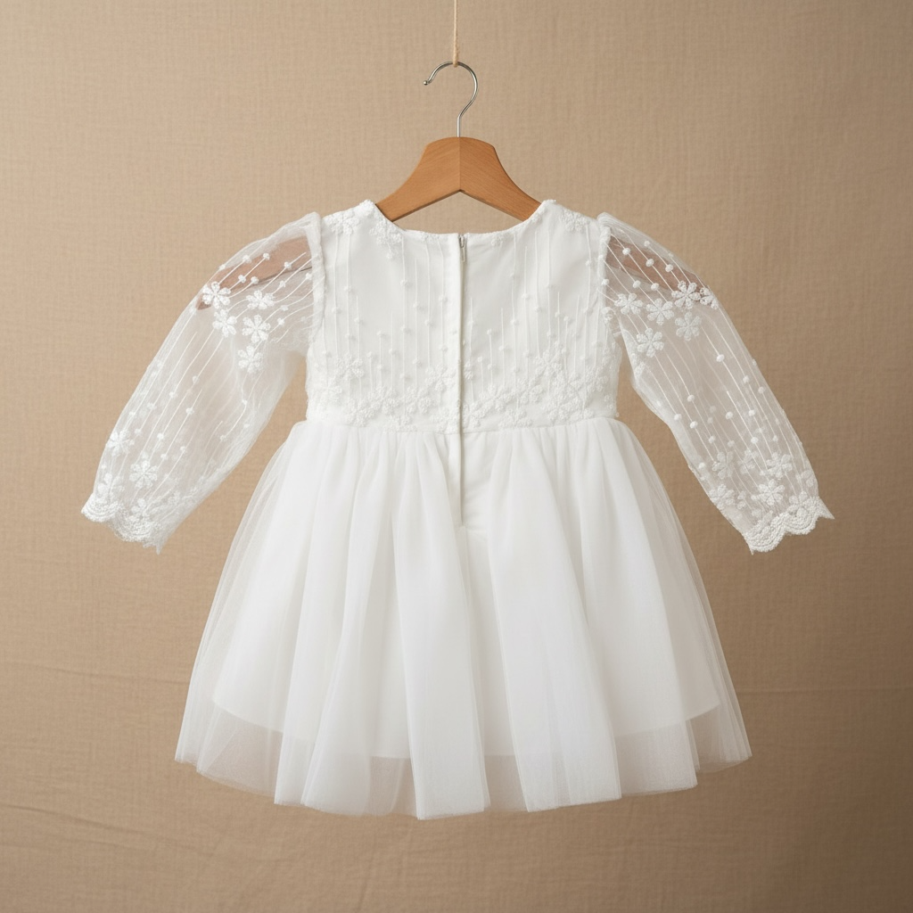 Détail du dos de la robe de baptême avec grand nœud en satin et transparence au niveau des épaules