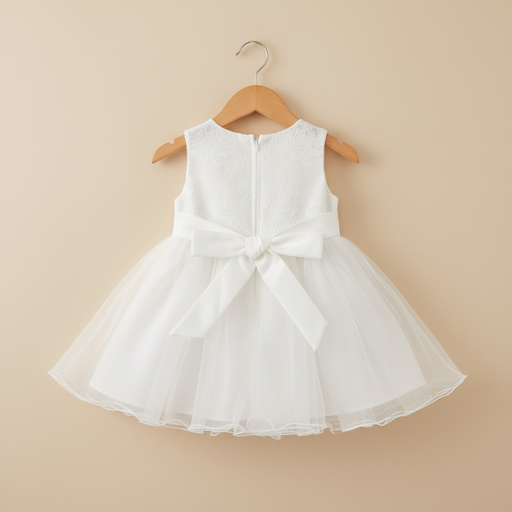 Vue de dos d'une robe de cérémonie blanche pour bébé montrant le grand nœud papillon décoratif