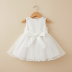 Vue de dos d'une robe de cérémonie blanche pour bébé montrant le grand nœud papillon décoratif