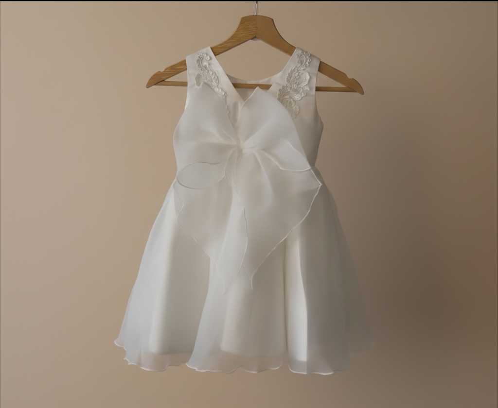 Vue de dos de la robe de cérémonie bébé avec un grand nœud en satin et jupon vaporeux