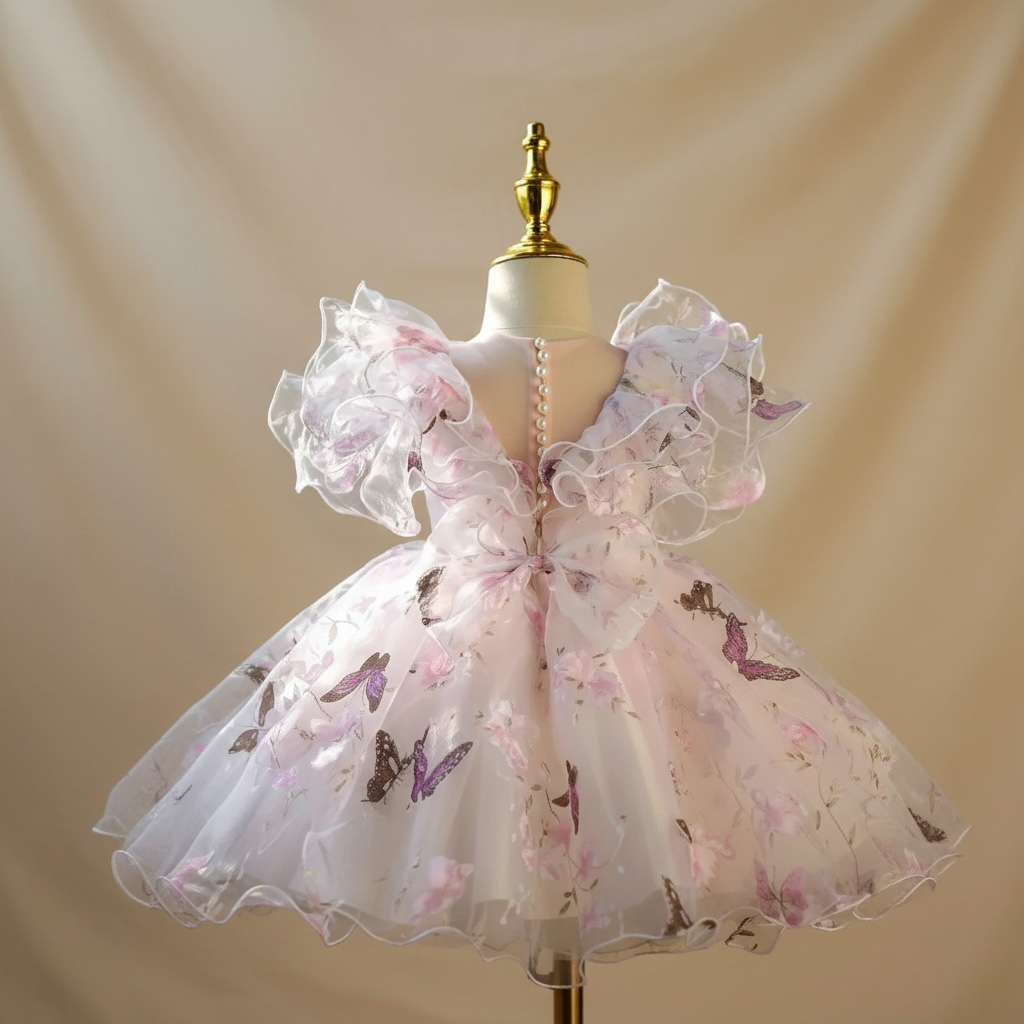 Vue de dos de la robe Sofia mettant en avant les finitions en tulle et la coupe volumineuse