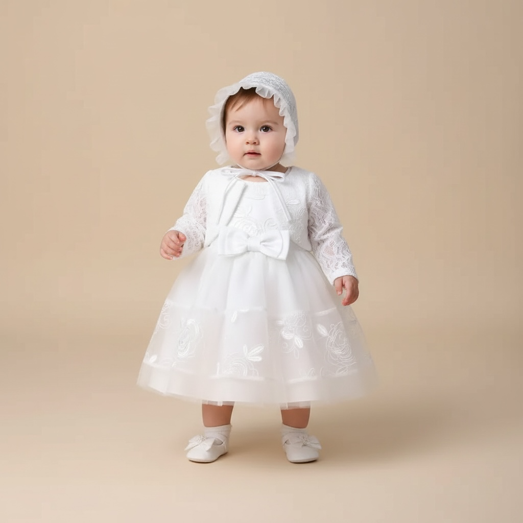 Bébé portant l'ensemble de baptême 3 pièces avec robe en dentelle, veste boléro et chapeau assorti
