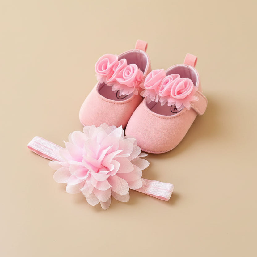 Chaussons bébé fille rose bonbon et bandeau assorti pour baptême