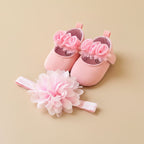 Chaussons bébé fille rose bonbon et bandeau assorti pour baptême