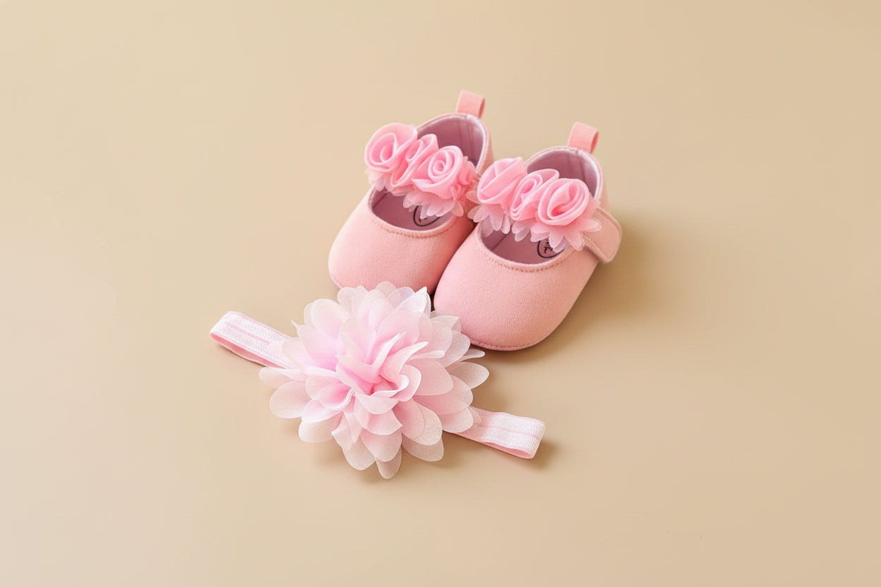 Chaussons bébé fille rose bonbon et bandeau assorti pour baptême