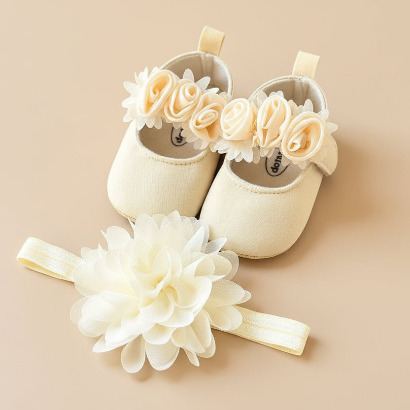 Ensemble chaussons fleuris et bandeau bébé fille cérémonie coloris beige 0-12 mois