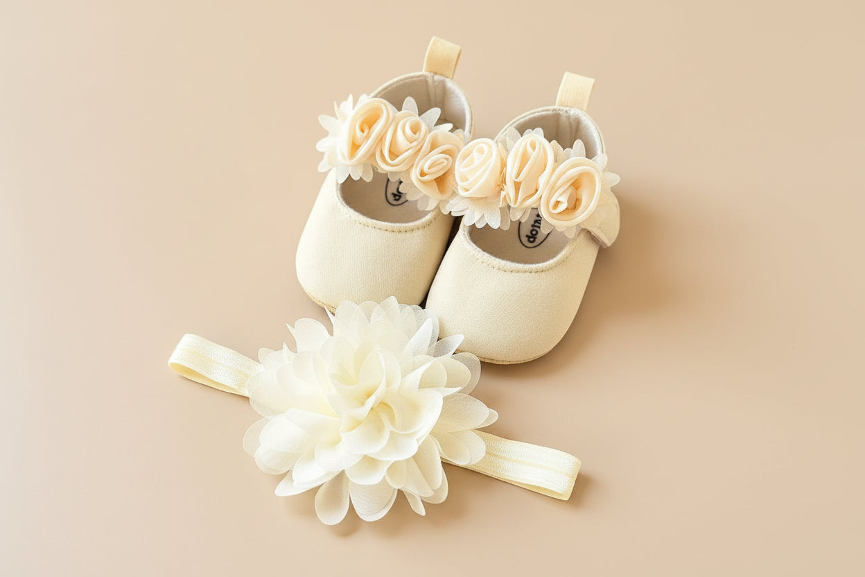 Ensemble chaussons fleuris et bandeau bébé fille cérémonie coloris beige 0-12 mois