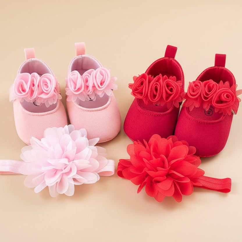 Chaussons bébé fille rose pâle avec bandeau fleur cérémonie
