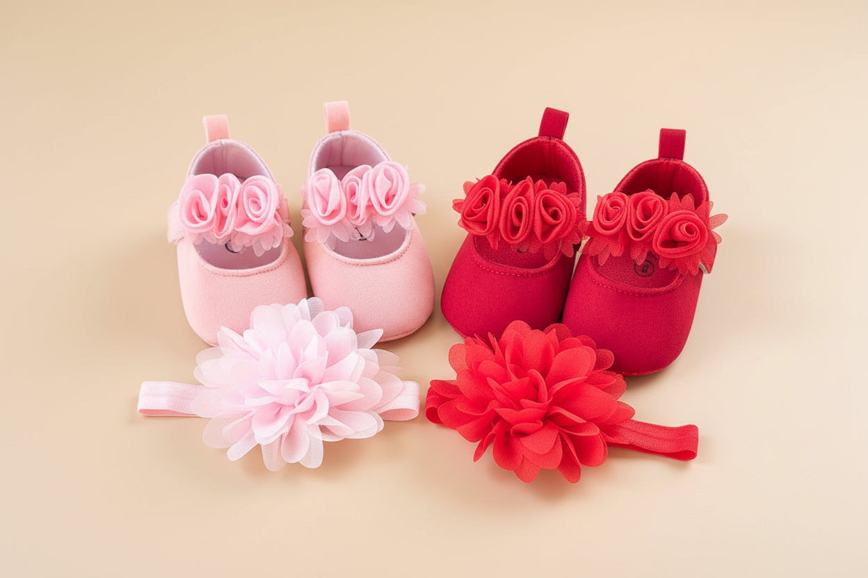 Chaussons bébé fille rose pâle avec bandeau fleur cérémonie