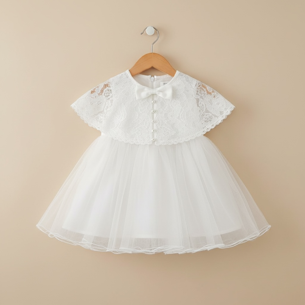 Ensemble complet de baptême pour petite fille avec robe blanche et son boléro assorti fermé par boutons