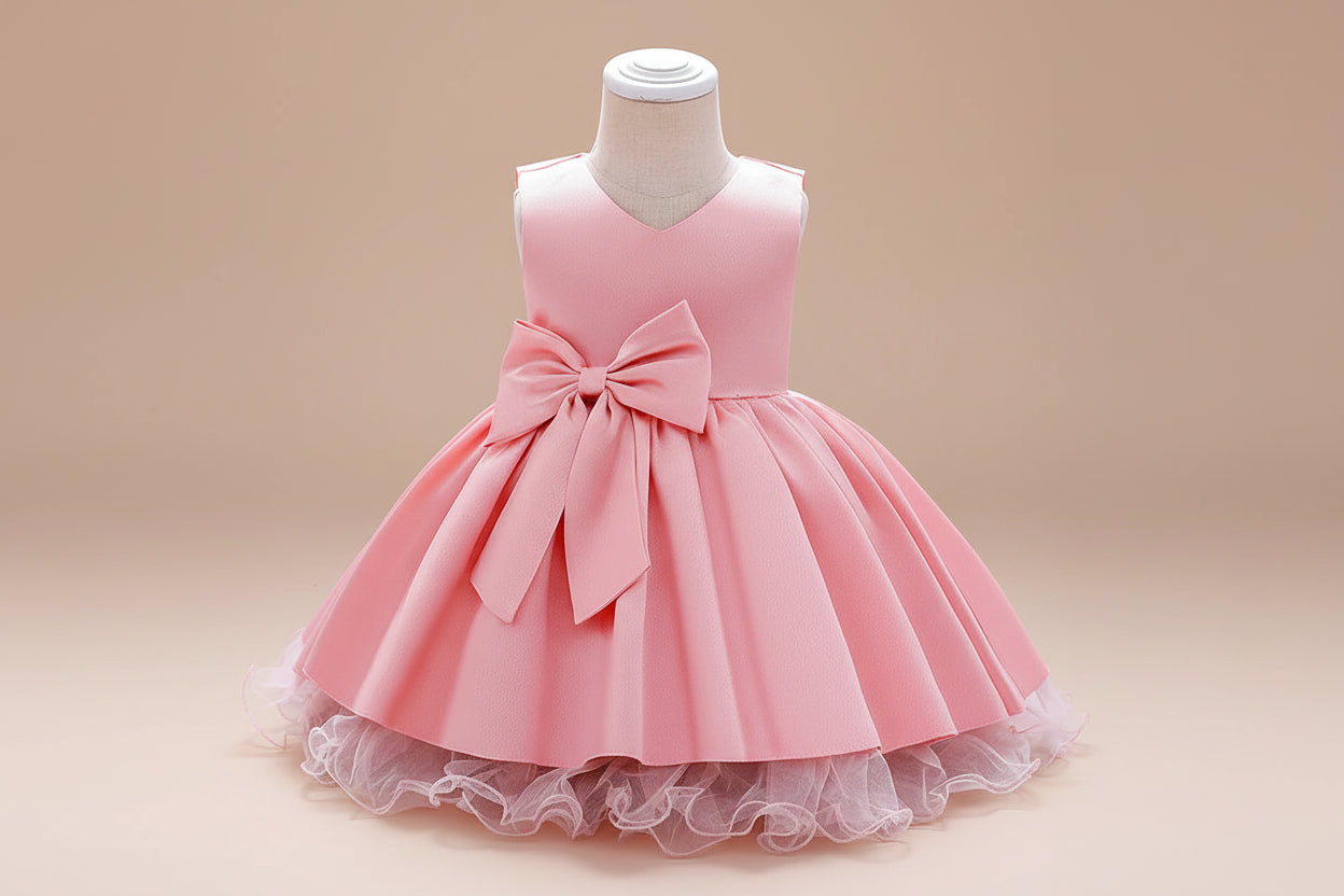 Robe anniversaire fille rose satinée avec jupe évasée