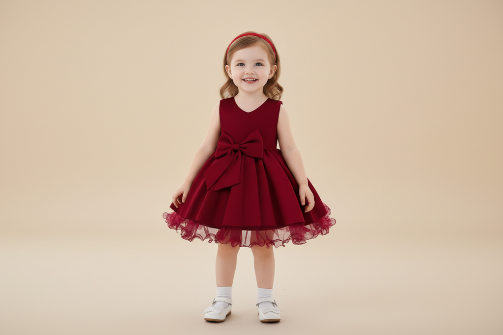 Robe anniversaire fille satinée rouge avec jupe volumineuse et nœud élégant
