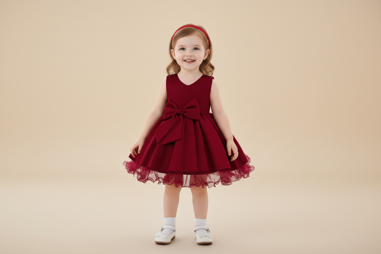 Robe anniversaire fille satinée rouge avec jupe volumineuse et nœud élégant