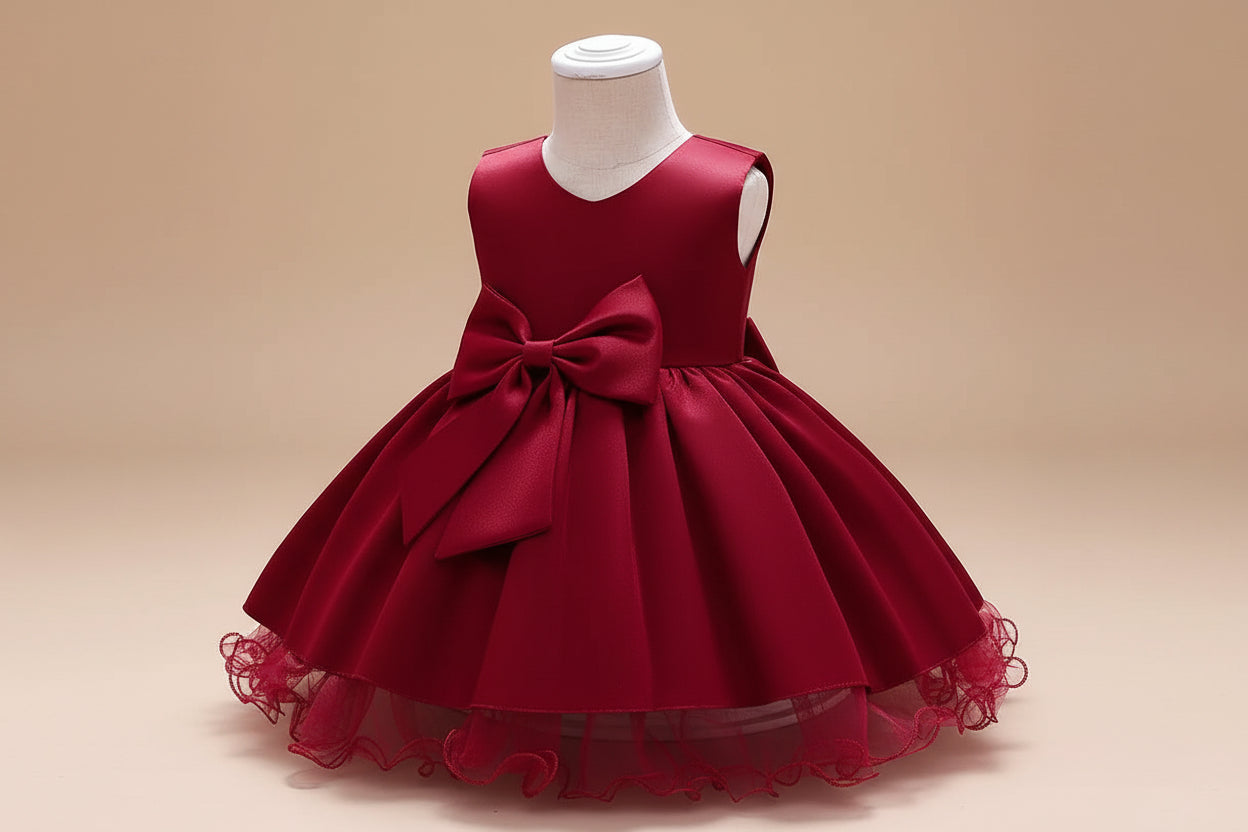 Robe anniversaire fille rouge satinée avec jupe volumineuse