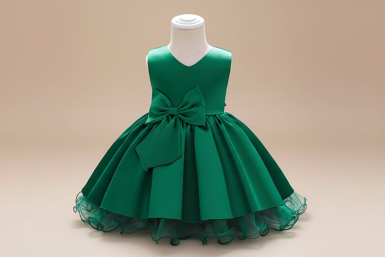 Robe anniversaire fille verte satinée avec jupe volumineuse