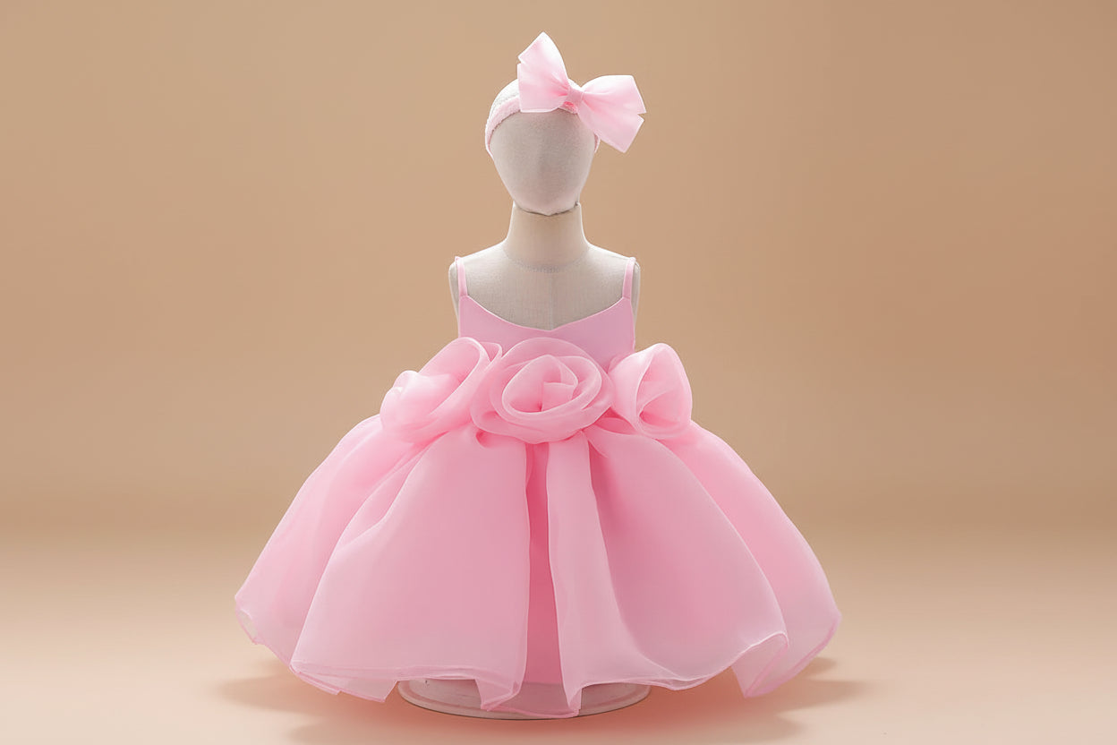 Vue de face de la robe Rosie rose sur mannequin montrant les fleurs en relief
