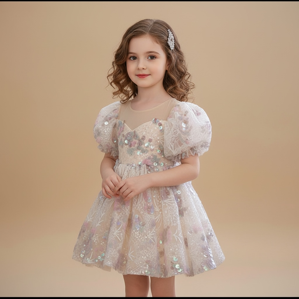 Petite fille portant une robe de bal courte couleur champagne avec paillettes étincelantes et manches bouffantes