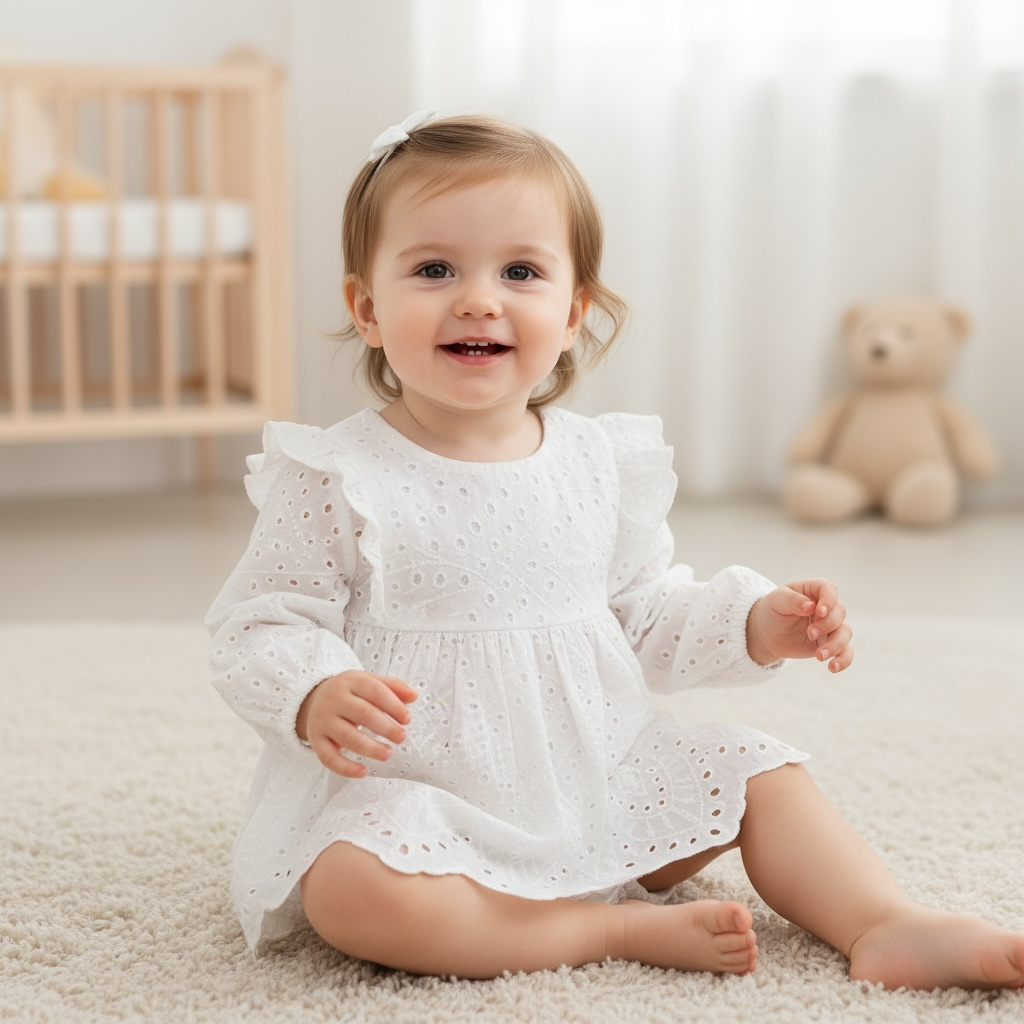 ébé assis portant une robe de baptême blanche en dentelle avec son petit short assorti