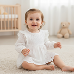 ébé assis portant une robe de baptême blanche en dentelle avec son petit short assorti