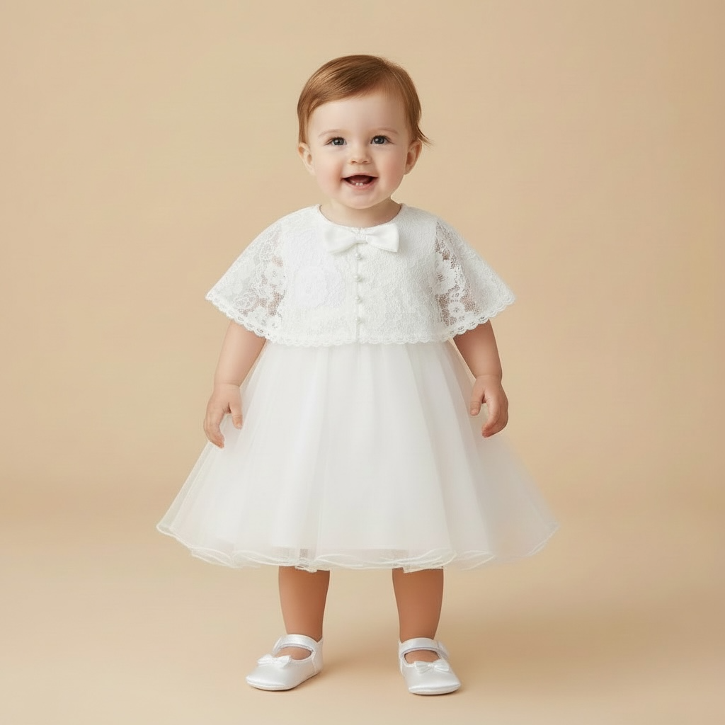 Bébé portant une robe de baptême blanche avec boléro en dentelle florale et petit nœud papillon