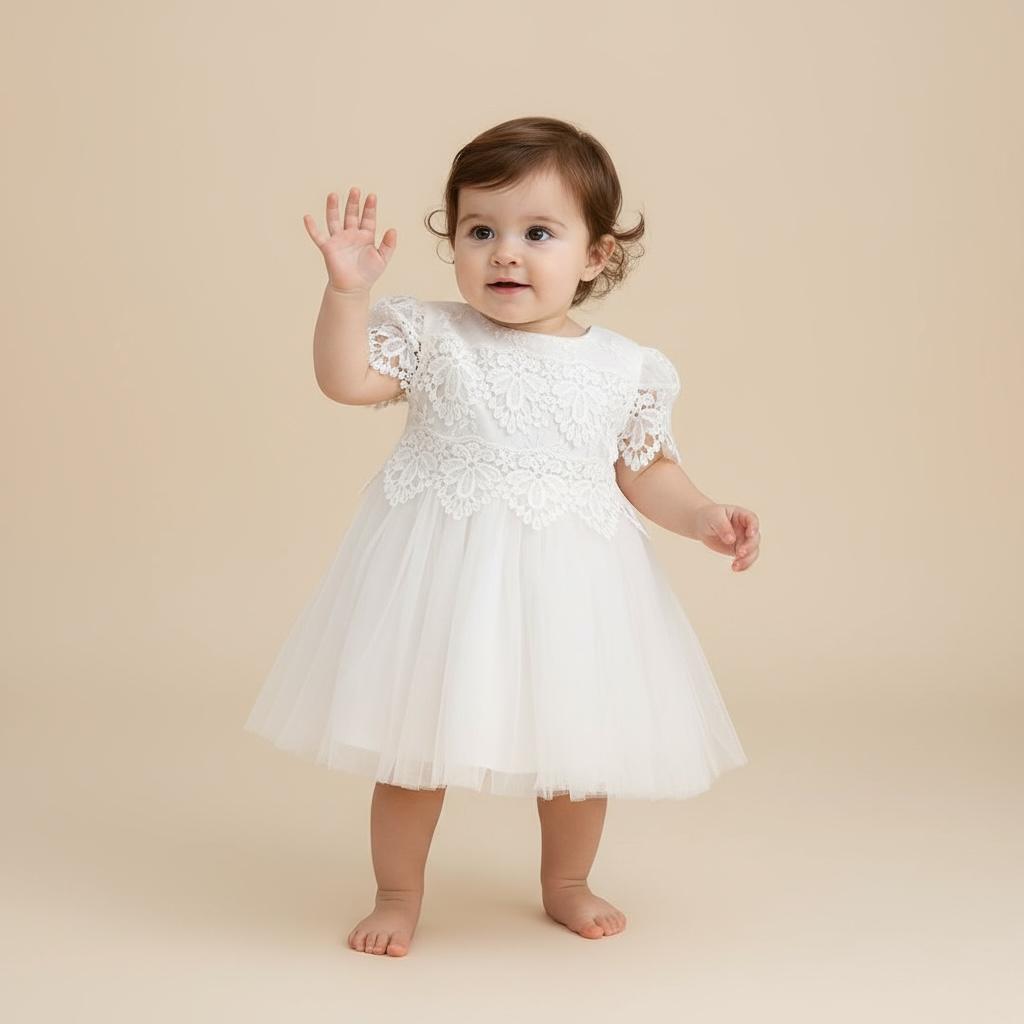 Bébé fille portant une robe de baptême blanche style old school avec bustier en dentelle