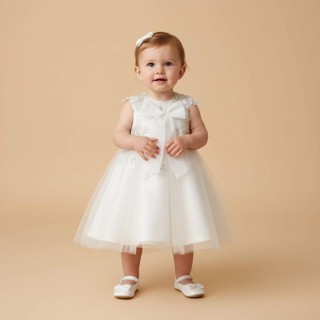 Bébé fille souriante portant une robe de baptême ivoire avec jupe à volants et détails en dentelle