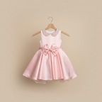 Robe bébé fille rose pour baptême avec perles au col et jupe évasée
