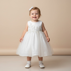 Bébé portant une robe de baptême couleur ivoire recouverte de sequins brillants