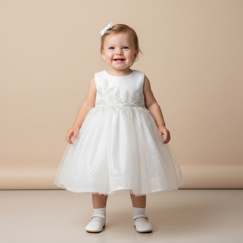 Bébé portant une robe de baptême couleur ivoire recouverte de sequins brillants