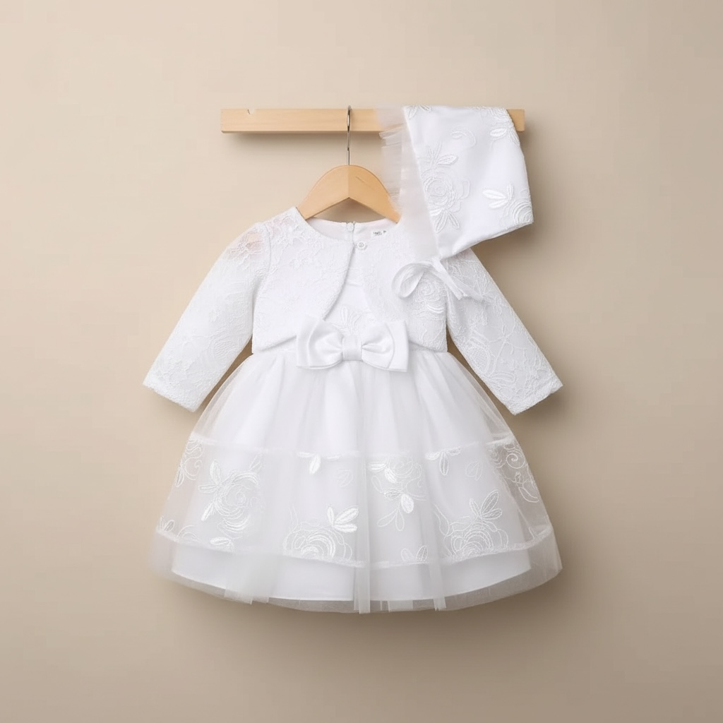 Vue de face sur cintre de la robe de baptême blanche à manches longues avec motifs floraux