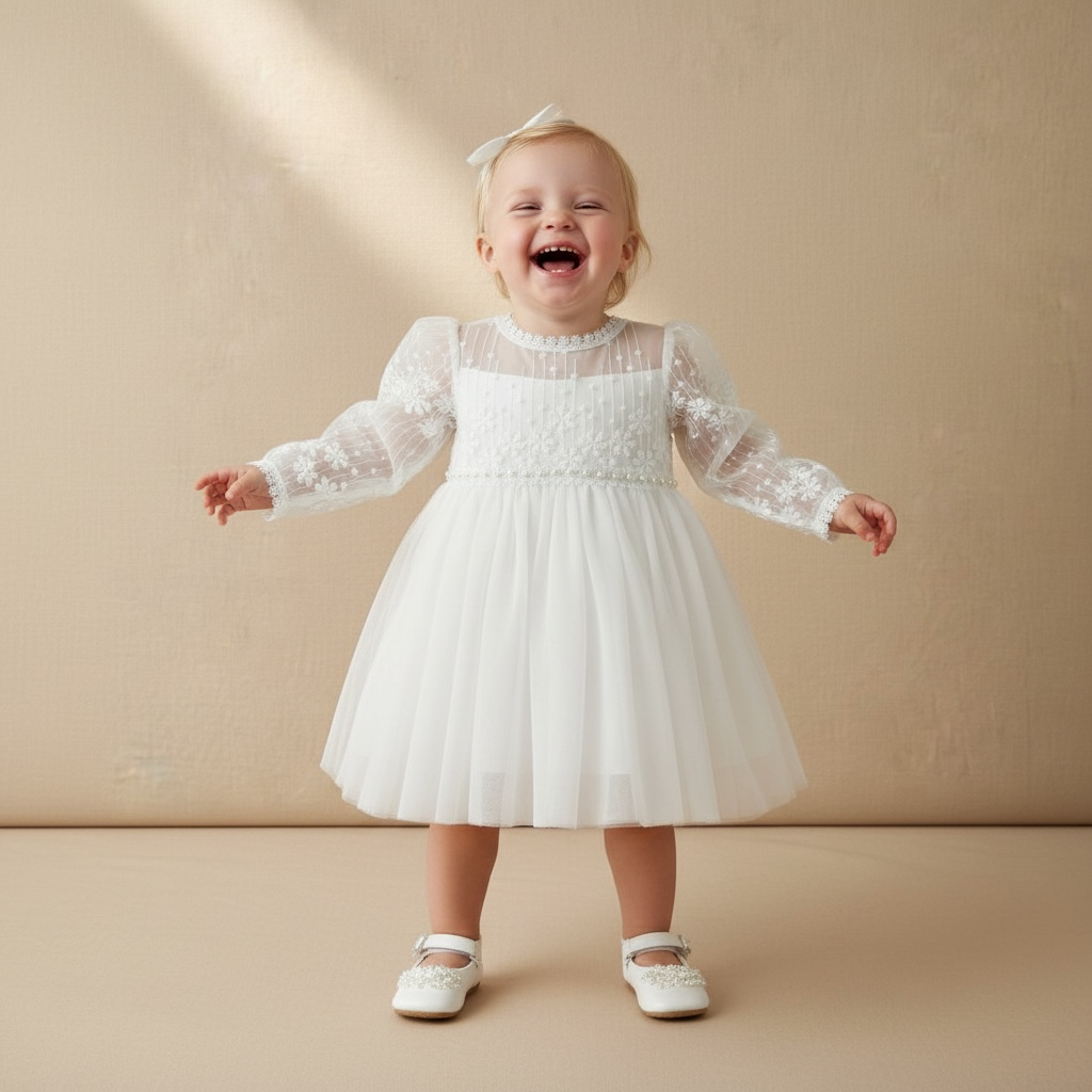 Petite fille portant une robe de baptême blanche avec manches longues en tulle transparent et dentelle