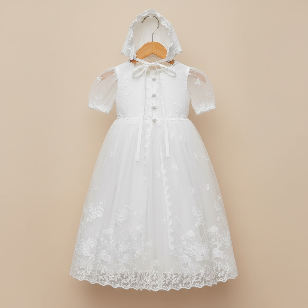 Robe de baptême blanche à manches courtes présentée sur cintre avec son bonnet de cérémonie assorti