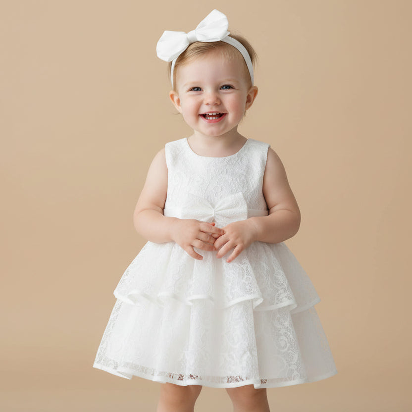 Petite fille portant une robe de baptême blanche style bohème avec jupe à étages et bandeau assorti