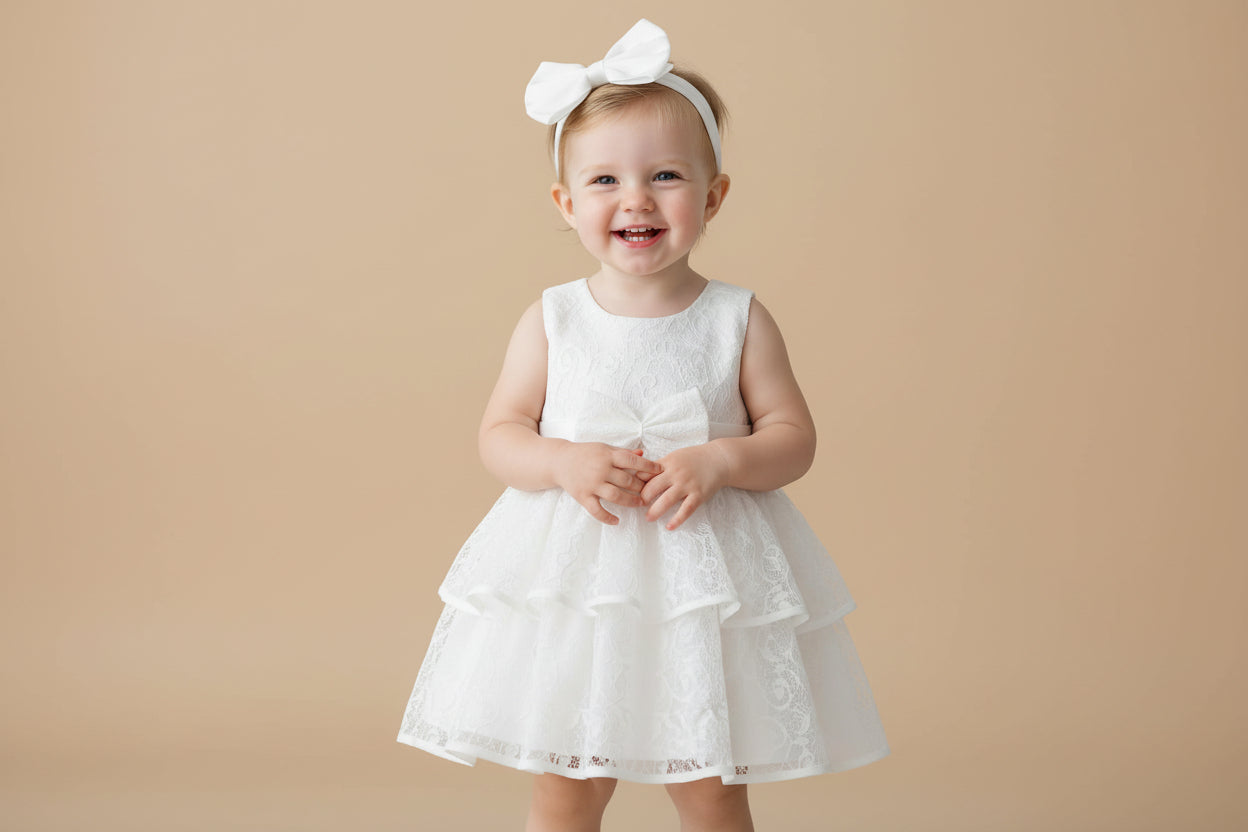 Petite fille portant une robe de baptême blanche style bohème avec jupe à étages et bandeau assorti