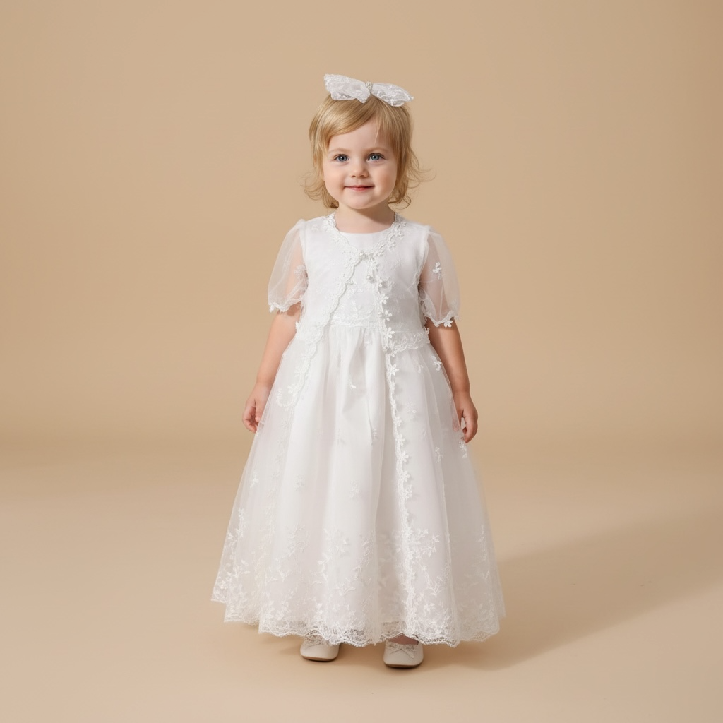 Petite fille portant l'ensemble de baptême Douceur avec robe longue, boléro et bonnet assorti