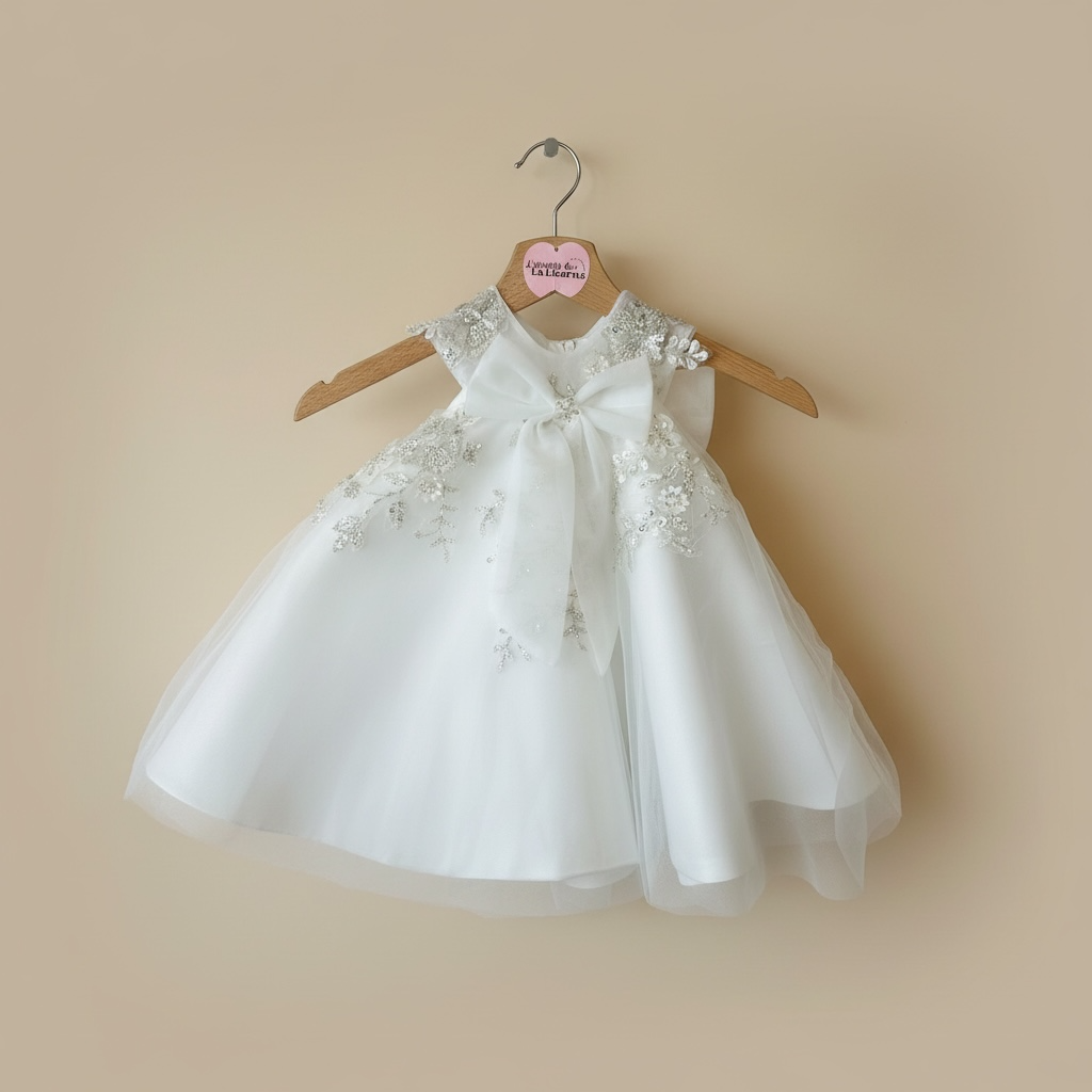 Vue d'ensemble sur cintre de la robe de baptême ivoire montrant la coupe princesse évasée