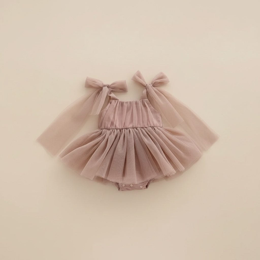 Vue de dos de la barboteuse vieux rose mettant en avant les bretelles à nouer en voile