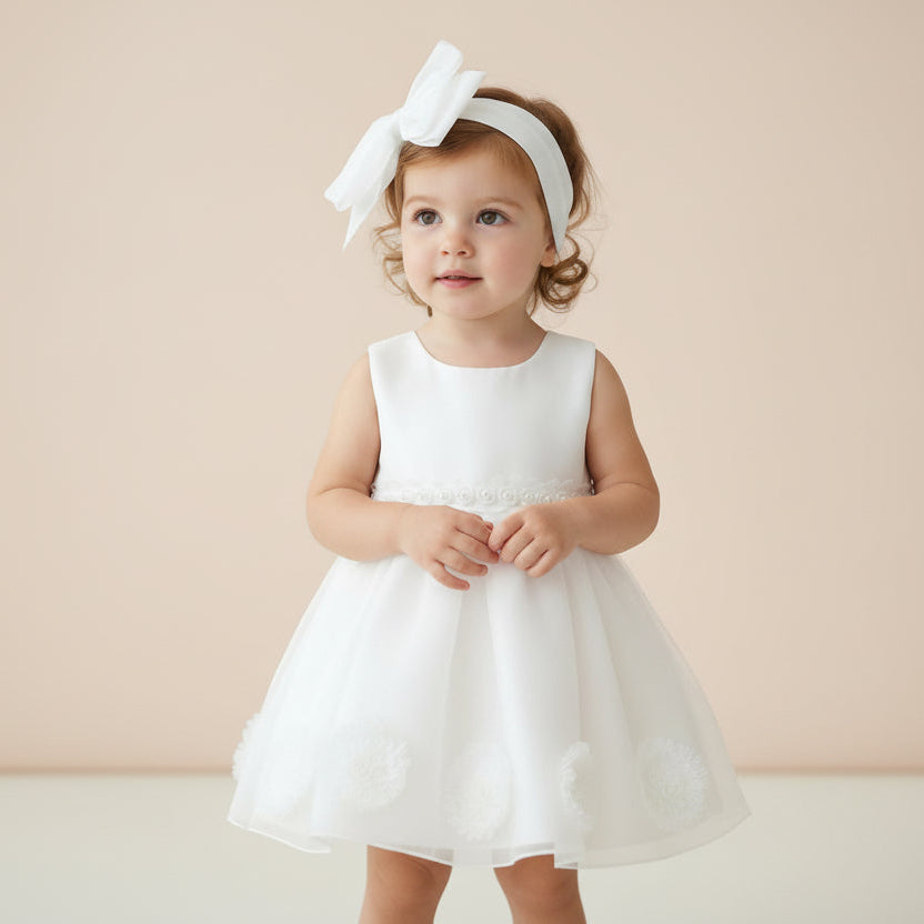 Bébé portant une robe de baptême blanche avec fleurs en relief sur la jupe et bandeau assorti