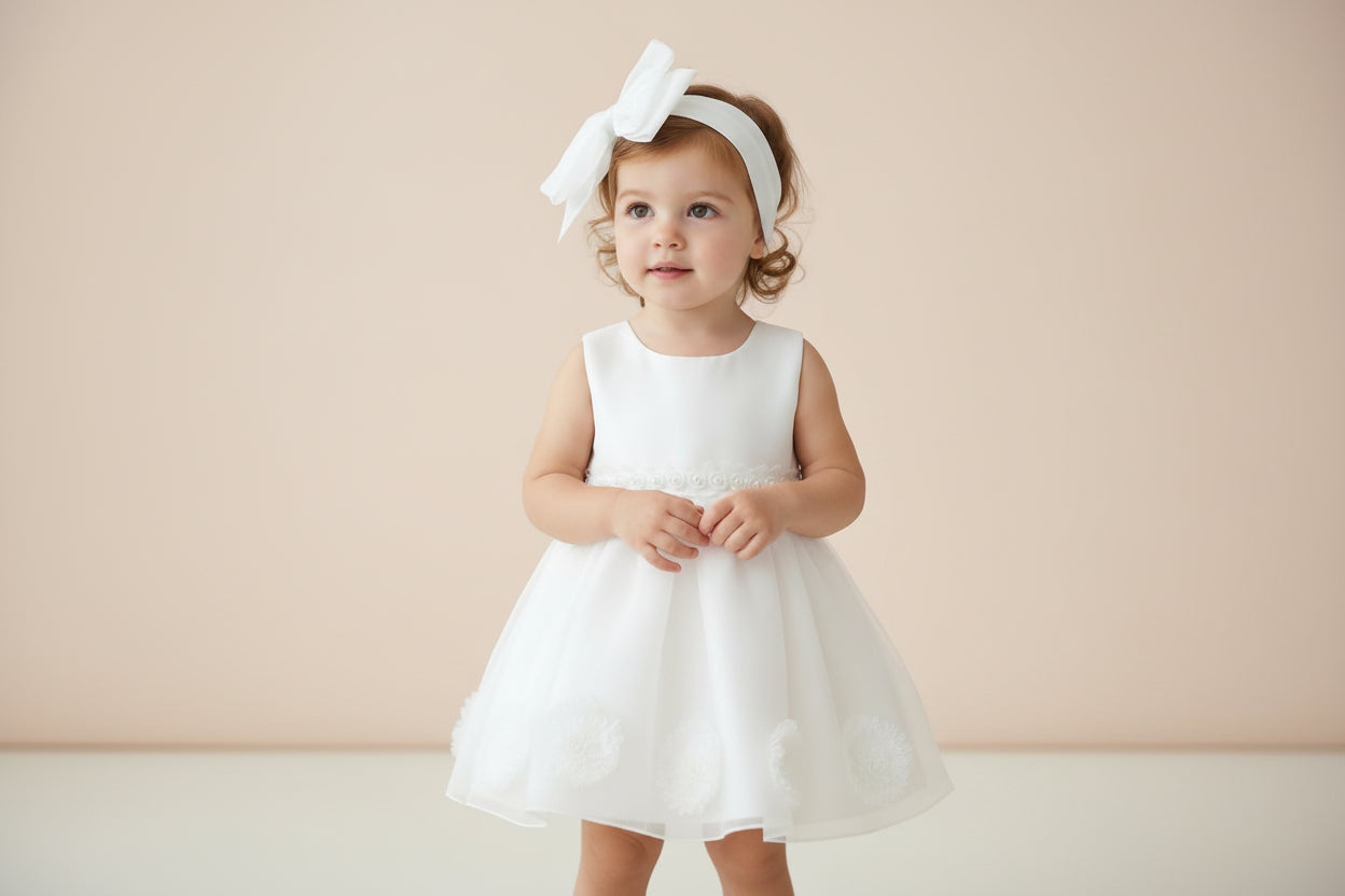 Bébé portant une robe de baptême blanche avec fleurs en relief sur la jupe et bandeau assorti