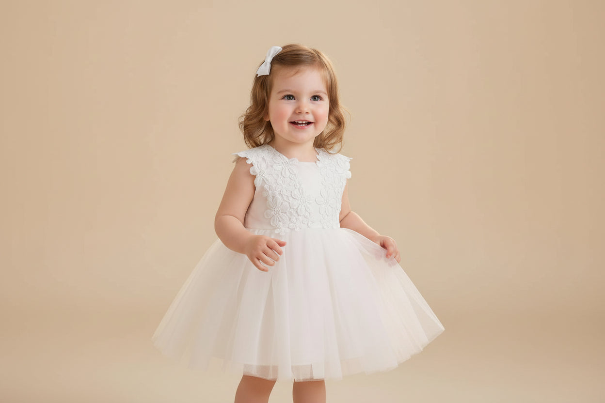 Petite fille souriante portant une robe de baptême blanche avec motifs fleurs marguerites sur le bustier