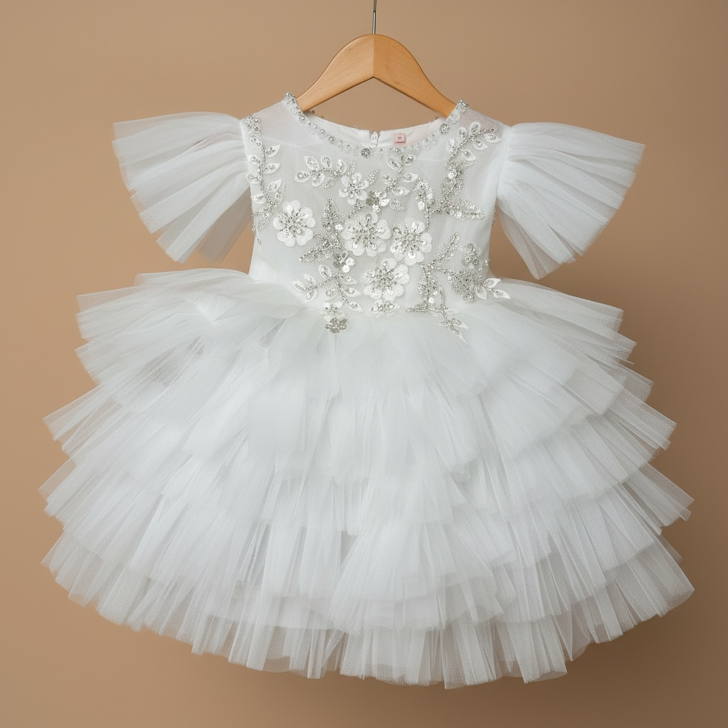 Robe de cérémonie blanche pour bébé avec broderies délicates sur le bustier et perles à l'avant