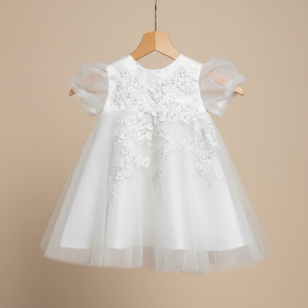Robe de baptême pour bébé blanche avec détails fleuris au niveau de la taille